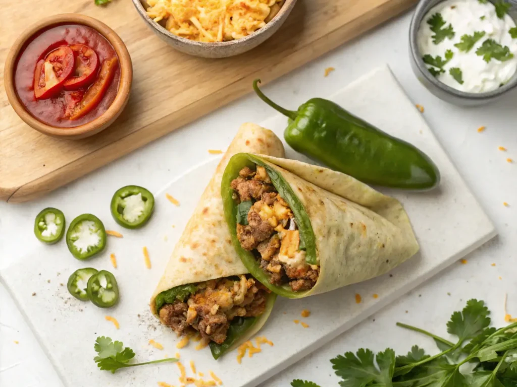 a burrito with meat and jalapeno peppers on a cutting board