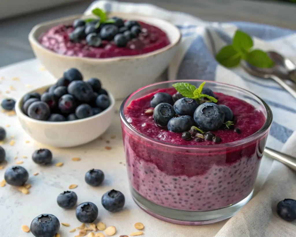 a bowl of blueberry pudding with blueberries in it