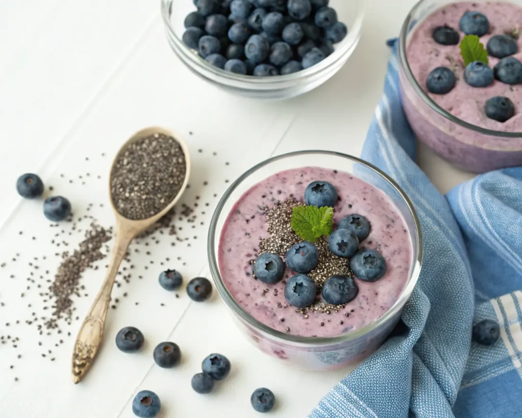 a blueberry smoothie in a glass cup with blueberries and chia seeds