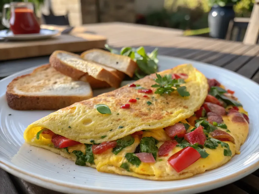 Folding a golden Western omelette in a pan with vegetables and cheese