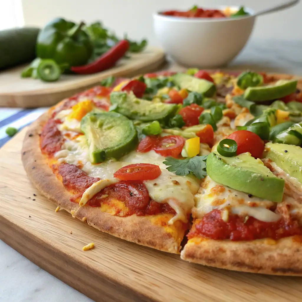 A close-up of gourmet Mexican Pizza slices on a ceramic plate.