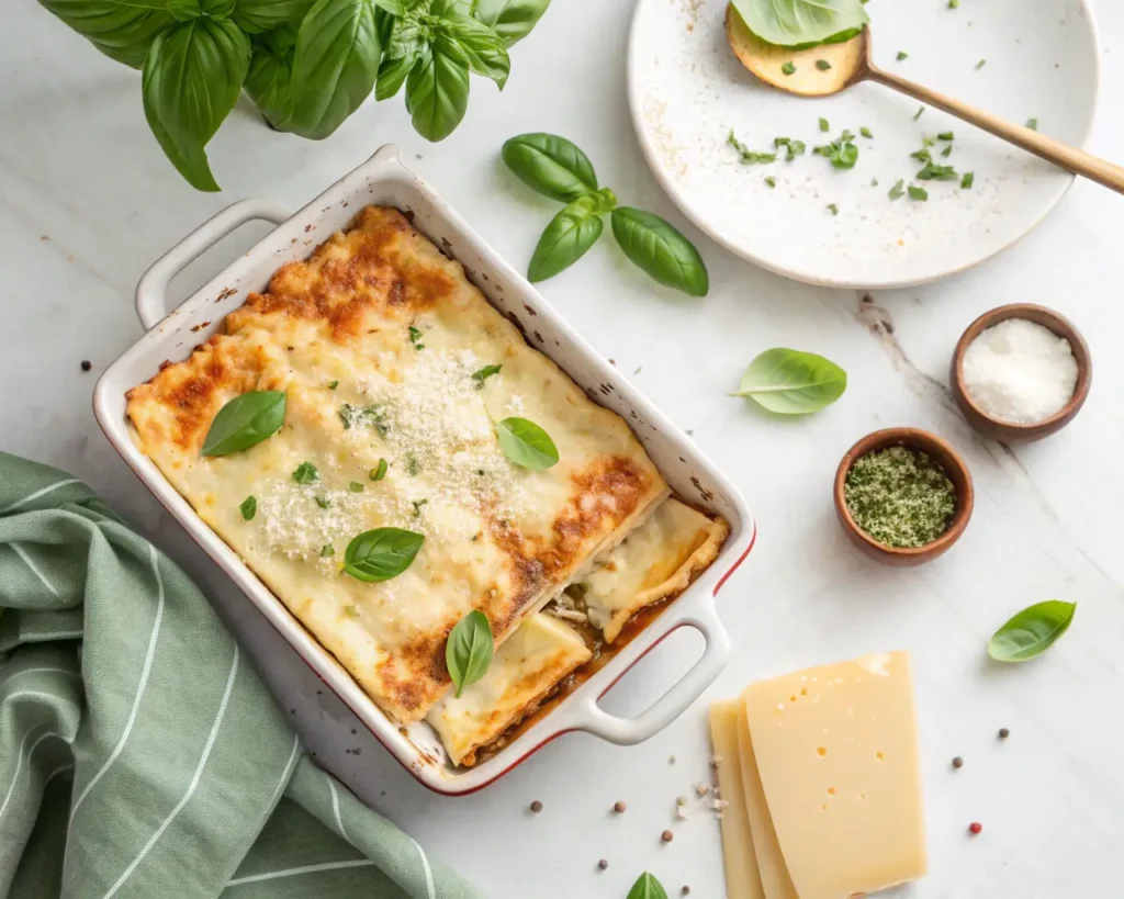 Layering lasagna noodles, ricotta cheese, and Alfredo sauce