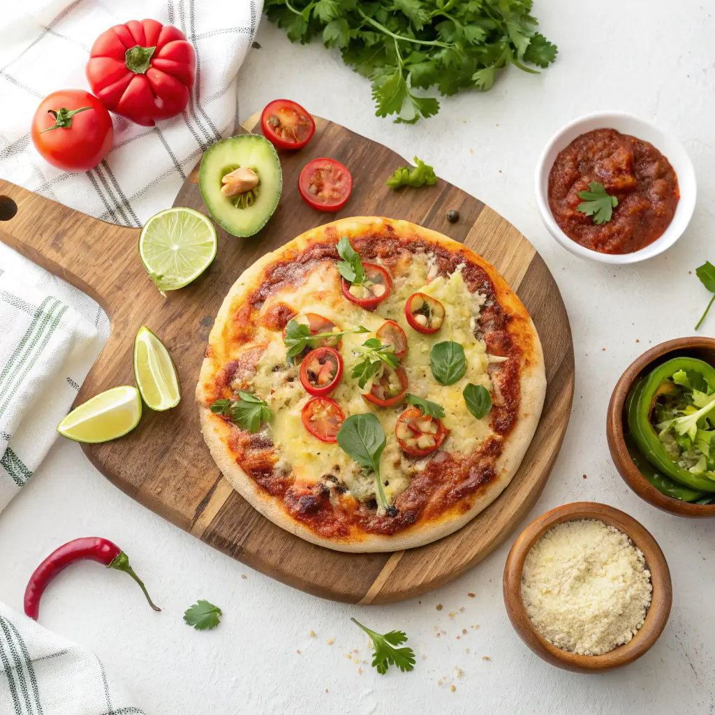 Mexican Pizza preparation with tortilla, refried beans, and ground beef.